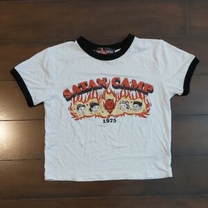 Last Chance Trickz N' Treatz Satan Camp 1975 White Ringer T Shirt Size Large